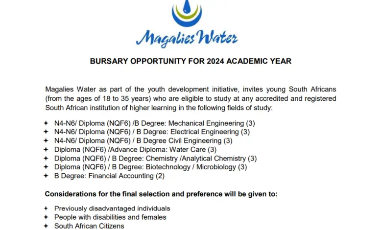 MAGALIES WATER BURSARY OPPORTUNITY FOR 2024 ACADEMIC YEAR