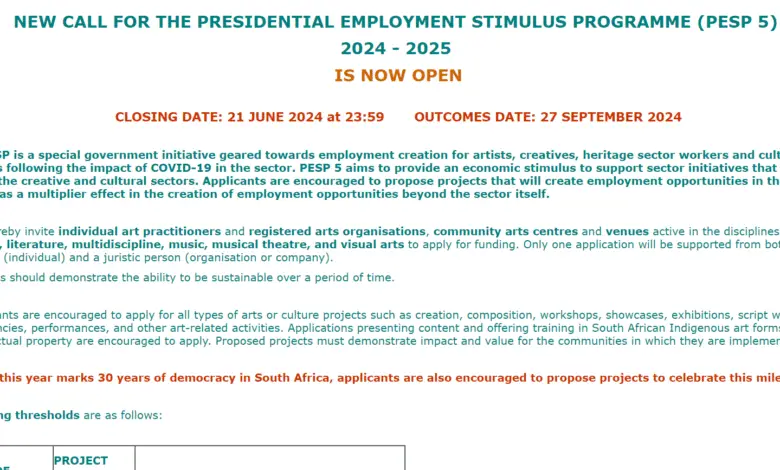 NEW CALL FOR THE PRESIDENTIAL EMPLOYMENT STIMULUS PROGRAMME (PESP 5) 2024-2025