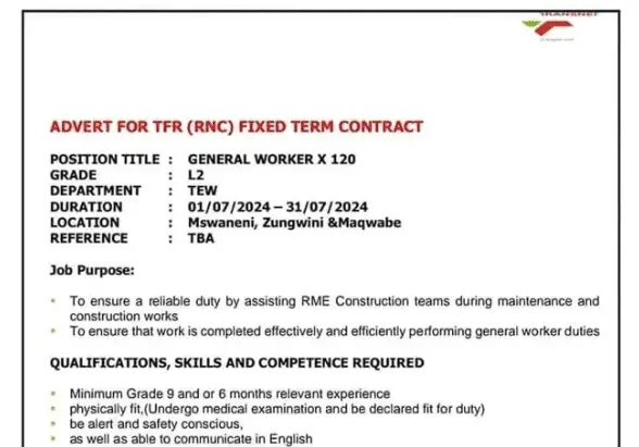 X120 GENERAL WORKER POSTS AT TRANSNET: (RNC) FIXED TERM CONTRACT