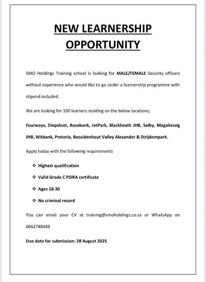 SMO Holdings Security Officer Learnership Programme 2025
