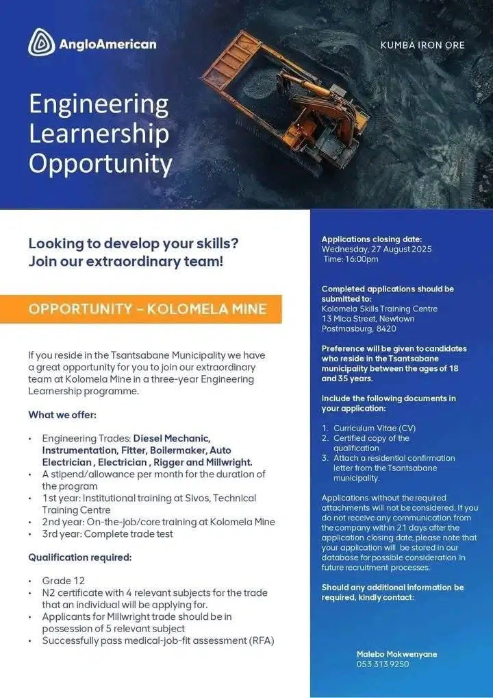 Anglo American Engineering Learnership Opportunities 2025