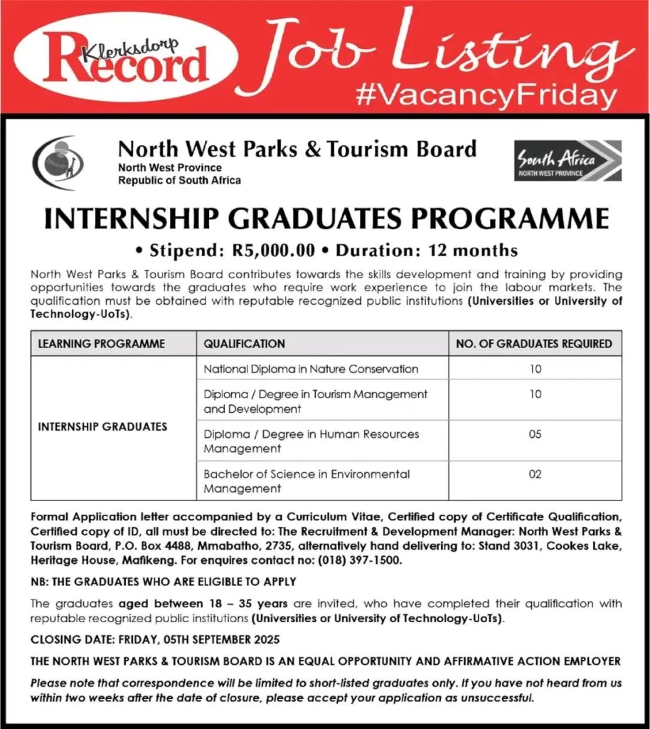 North West Parks & Tourism Board Graduate Internship Programme 2025