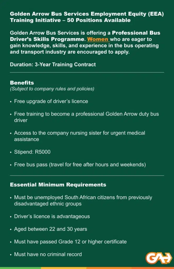 Golden Arrow Bus Services Bus Driver Skills Programme for Women 2025 (X50 Posts)