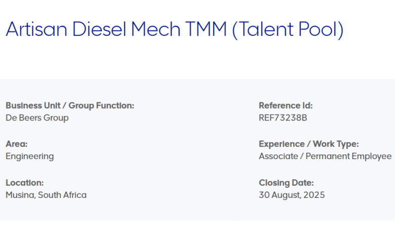 Artisan Diesel vacancy at De Beers Group