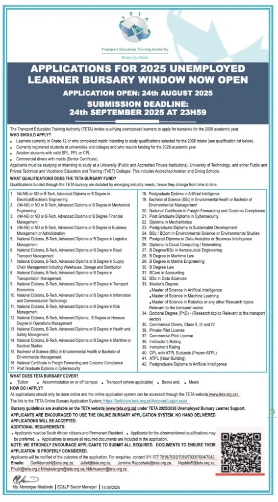 Transport Education Training Authority (TETA) Bursary Programme 2026
