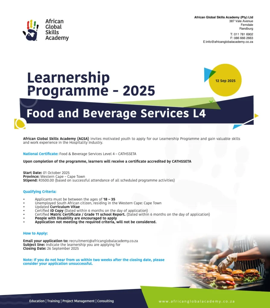 AGSA & CATHSSETA Food & Beverage Services Learnership 2025 – Apply Now