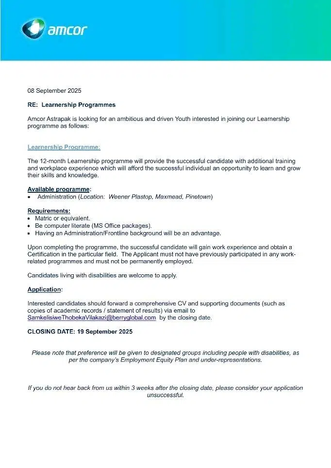 Amcor Astrapak Administration Learnership Programme 2025