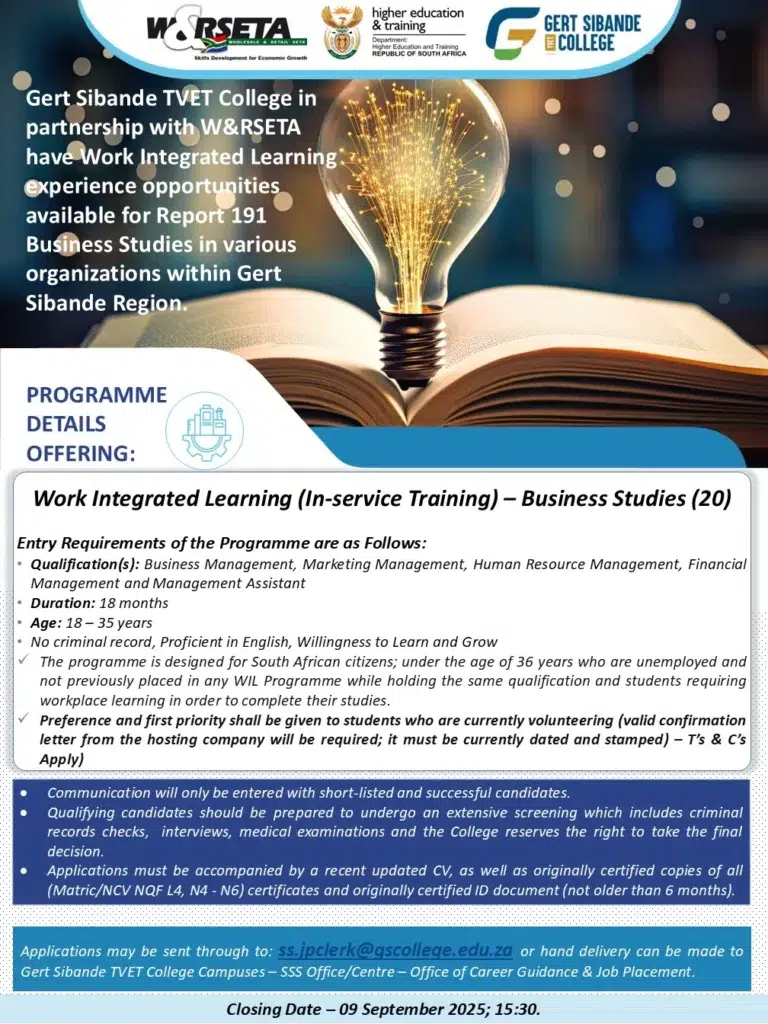 The Gert Sibande TVET College and W&RSETA Work Integrated Learning (WIL) Programme for 2025
