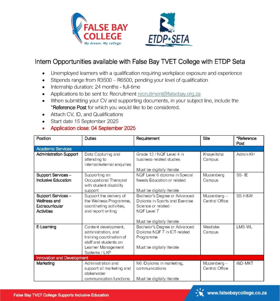 False Bay TVET College & ETDP SETA Internship Programme 2025