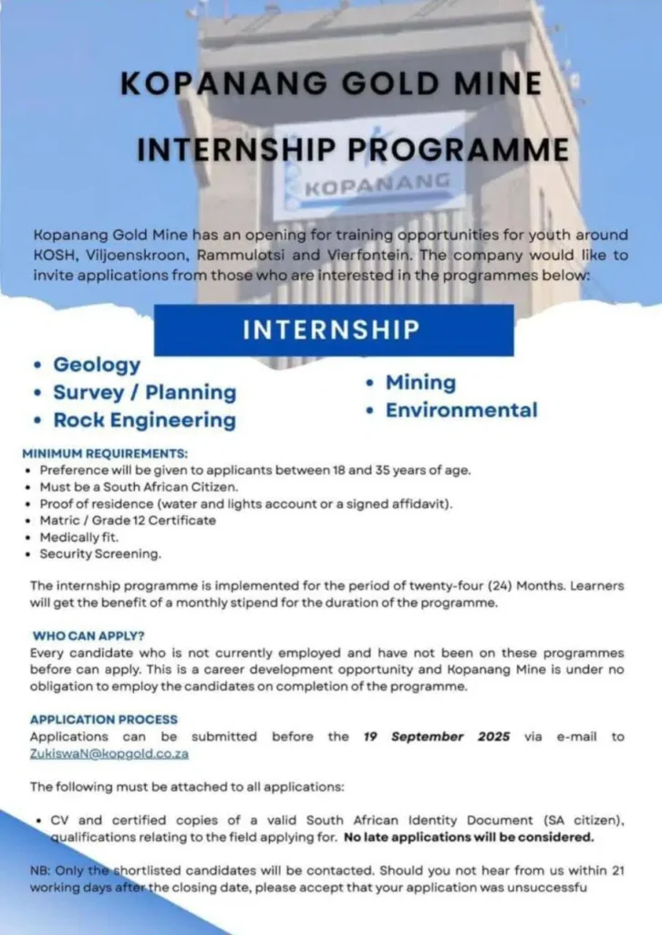 Kopanang Gold Mine Internship Programme Intake 2025 / 2027