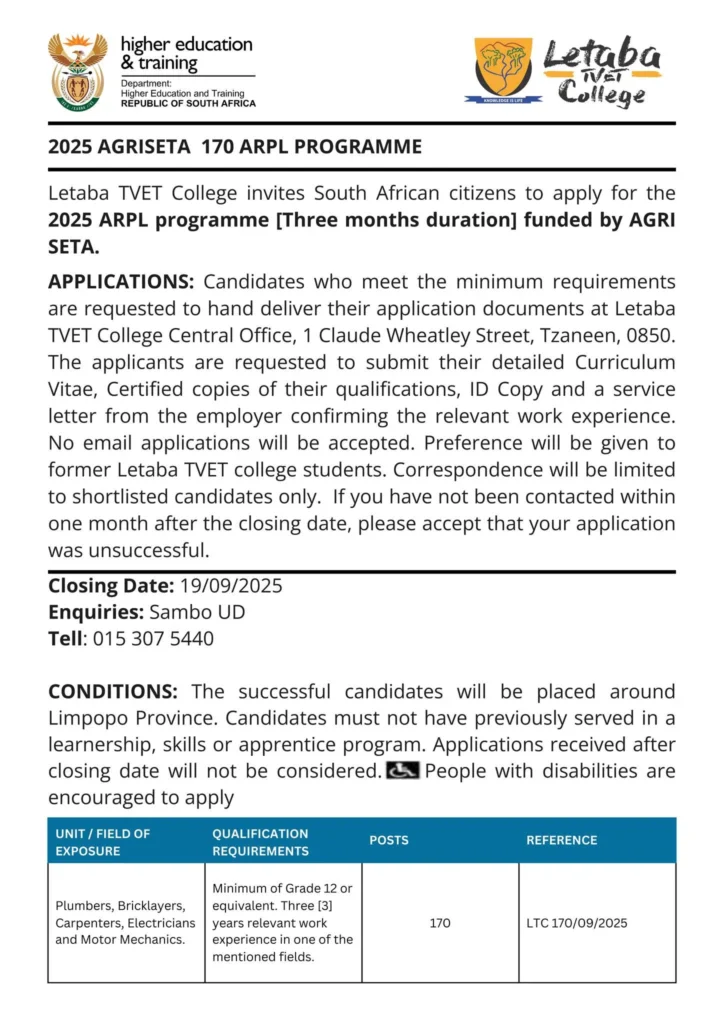 Letaba TVET College & AgriSETA ARPL Programme 2025 (X170 Posts)