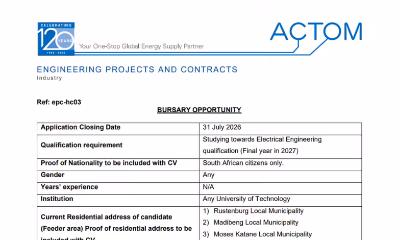 ACTOM bursary opportunity for South African citizens who will be studying towards their final year in 2027