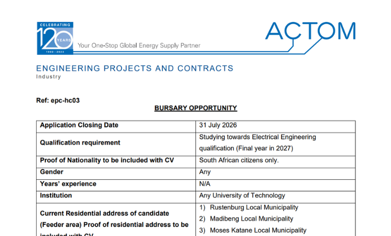 ACTOM bursary opportunity for South African citizens who will be studying towards their final year in 2027