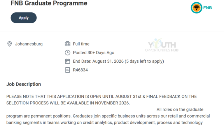 FNB Graduate Programme 2027: Requirements, Application Process and Closing Date