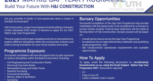 H&I Construction Matric Gap Year Programme 2027: Gain Practical Experience and Build Your Future