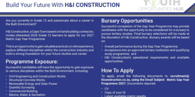 H&I Construction Matric Gap Year Programme 2027: Gain Practical Experience and Build Your Future