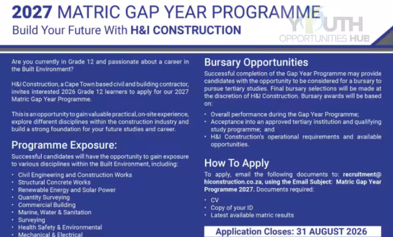 H&I Construction Matric Gap Year Programme 2027: Gain Practical Experience and Build Your Future