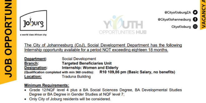 City of Johannesburg Women and Elderly Internship 2026