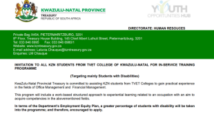 KZN Provincial Treasury In-Service Training Programme 2026: Opportunity for TVET Students With Disabilities