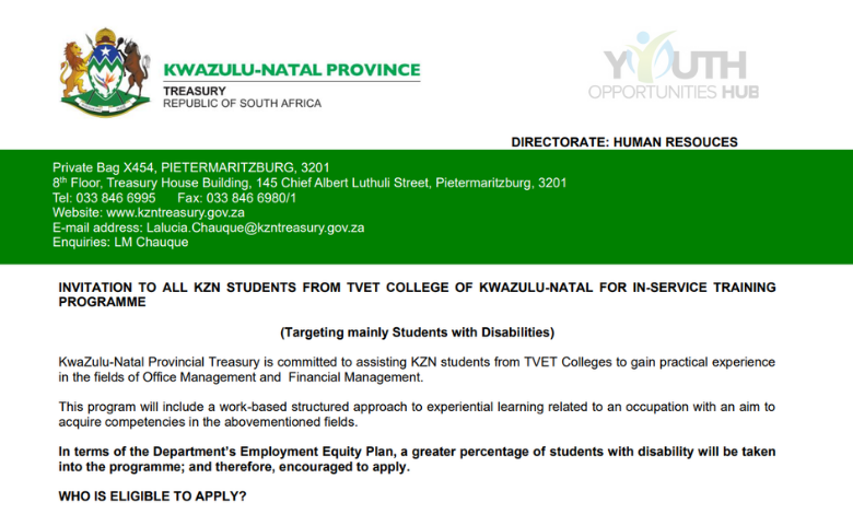 KZN Provincial Treasury In-Service Training Programme 2026: Opportunity for TVET Students With Disabilities