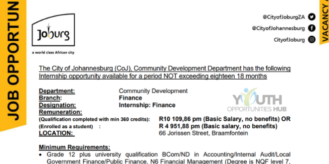 City of Johannesburg Finance Internship 2026: Accounting and Finance Students Can Apply