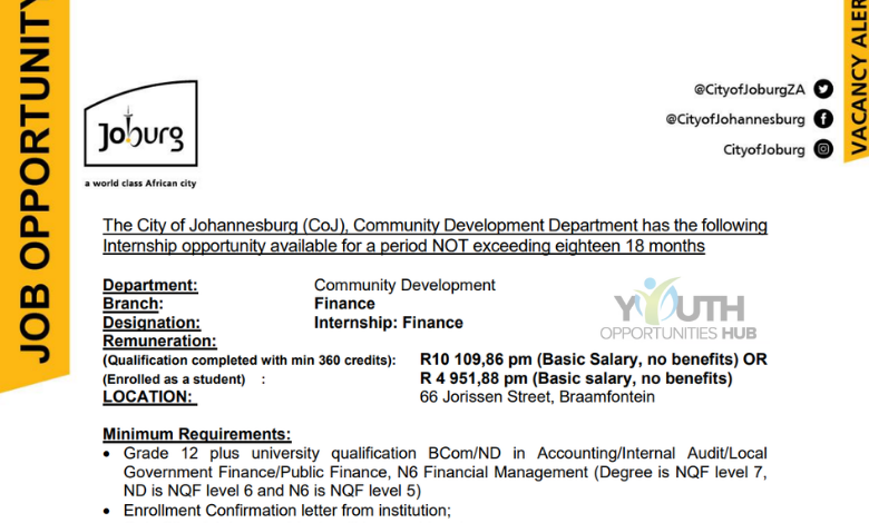 City of Johannesburg Finance Internship 2026: Accounting and Finance Students Can Apply