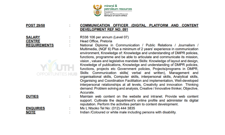 Department of Mineral and Petroleum Resources Communication Officer Vacancy 2026