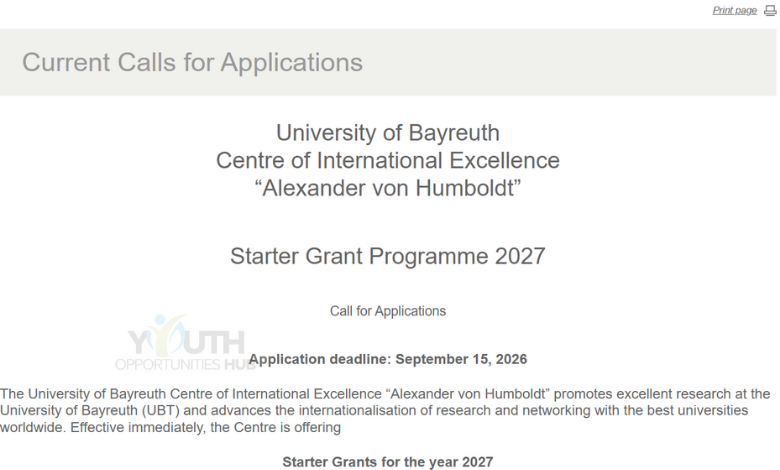 Starter Grant Programme 2027 - Award sum of 10,000 € (Euros): Open to all disciplines