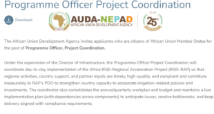 The African Union Development Agency invites applicants for the post of Programme Officer, Project Coordination