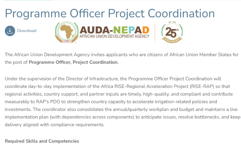 The African Union Development Agency invites applicants for the post of Programme Officer, Project Coordination