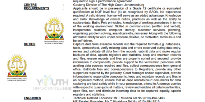Office of the Chief Justice Data Capturer Vacancy 2026