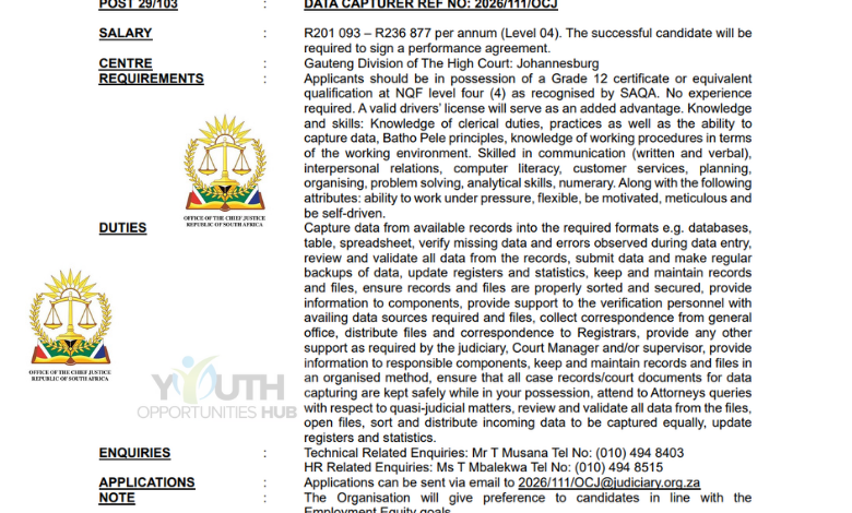 Office of the Chief Justice Data Capturer Vacancy 2026