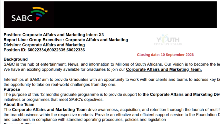 SABC Corporate Affairs and Marketing Internship 2026: 3 Graduate Positions Available