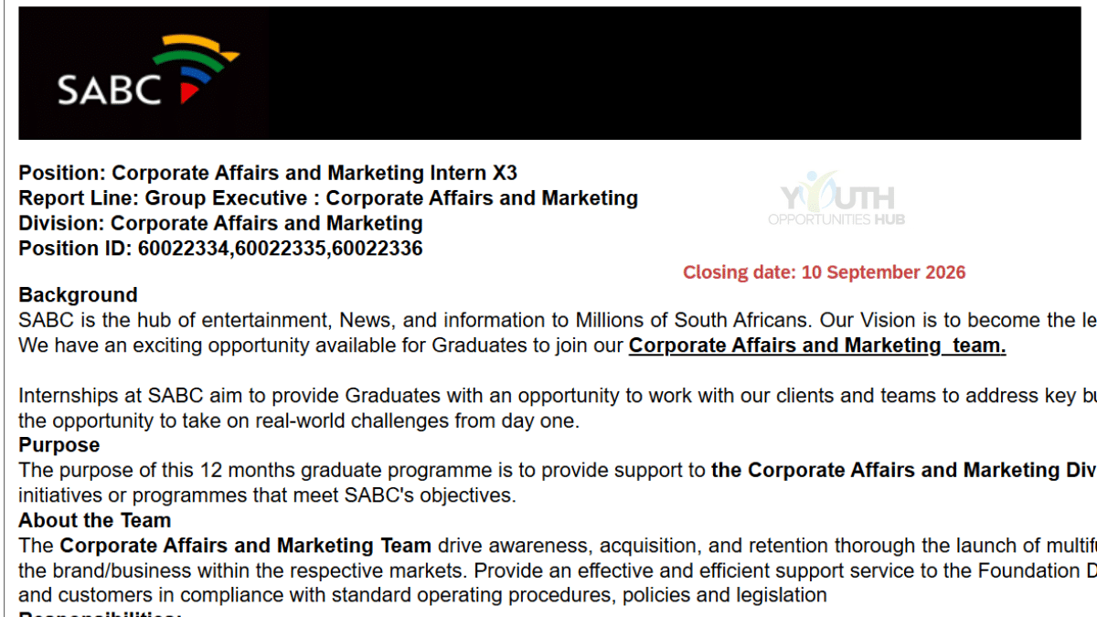 SABC Corporate Affairs and Marketing Internship 2026: 3 Graduate Positions Available